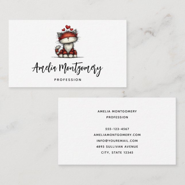 Tarjeta De Visita Cat with Red Love Hearts Cute and Funny (Anverso / Reverso)