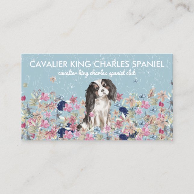 Tarjeta De Visita Cavalier King Charles Spaniel Patrón de flores de  (Anverso)