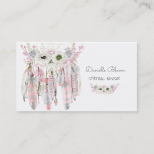Tarjeta De Visita Cazador de Sueños Boho Flechas Plumas Rosa Gris