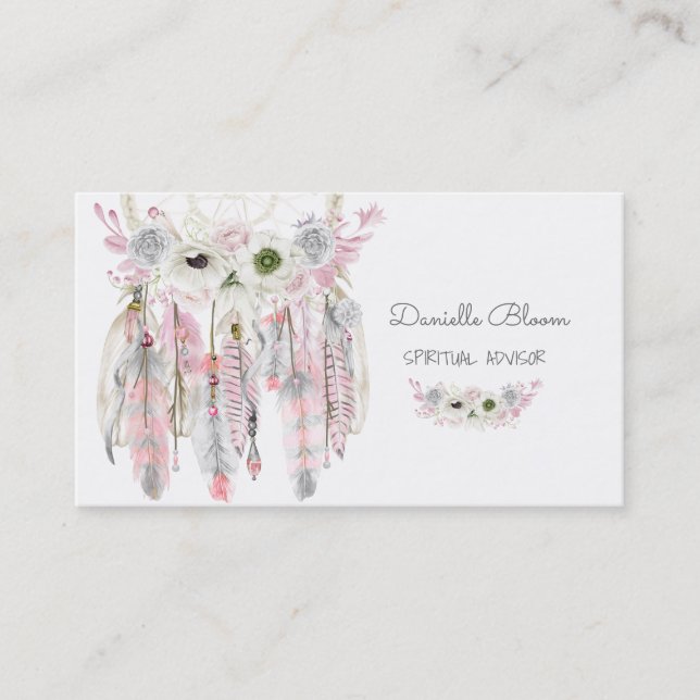 Tarjeta De Visita Cazador de Sueños Boho Flechas Plumas Rosa Gris (Anverso)