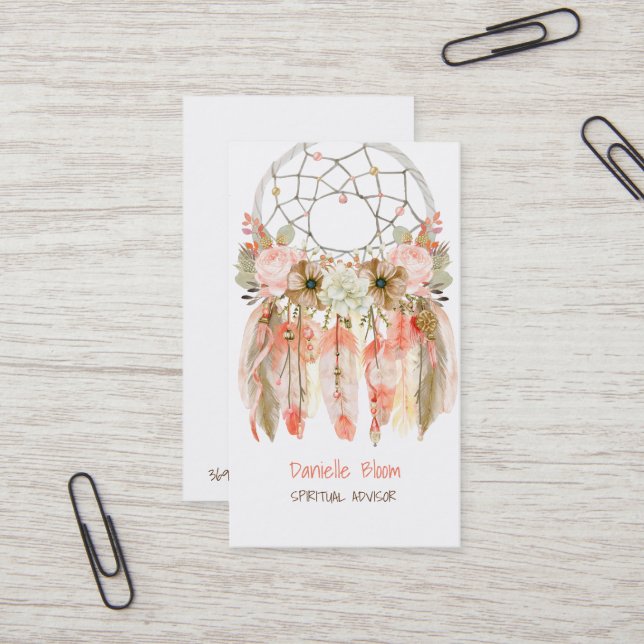 Tarjeta De Visita Cazador de sueños tribal boho Flechas Flores Pluma (Anverso/Reverso In Situ)