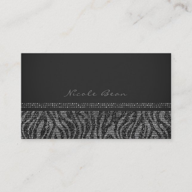 Tarjeta De Visita Cebra Brillante Plateado Negro Glam Chic Elegante  (Anverso)