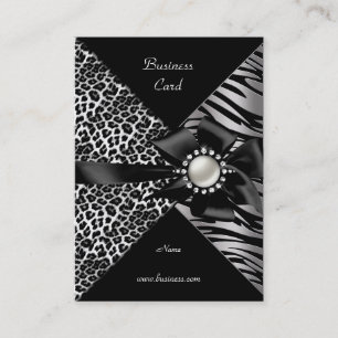 Tarjeta De Visita Cebra Elegante Leopardo Negro Plata Arco Diamante