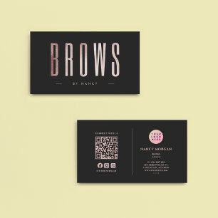Tarjeta De Visita Cejas Código QR y Logo Brillo Rosa Dorado