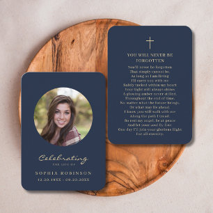 Tarjeta De Visita Celebración de la vida Foto Funeral Gold Blue Card