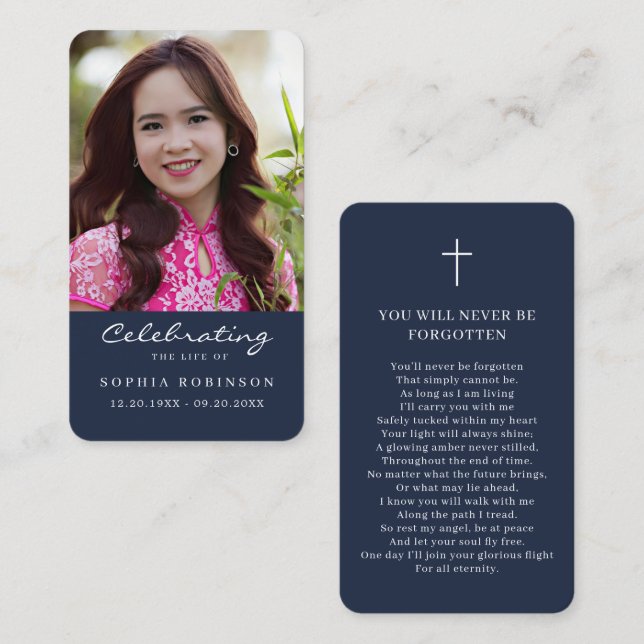 Tarjeta De Visita Celebration of Life Photo Funeral Blue Prayer Card (Anverso / Reverso)