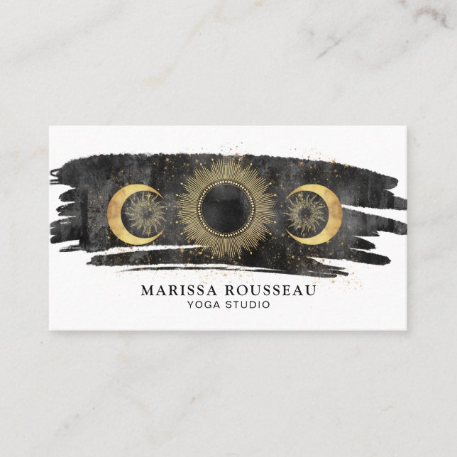 Tarjeta De Visita Celestial Sun Moon Stars Gold Black White Yoga (Anverso)