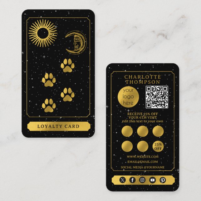 Tarjeta De Visita Celestial Tarot Dog Grooming Black Gold Thank You (Anverso / Reverso)