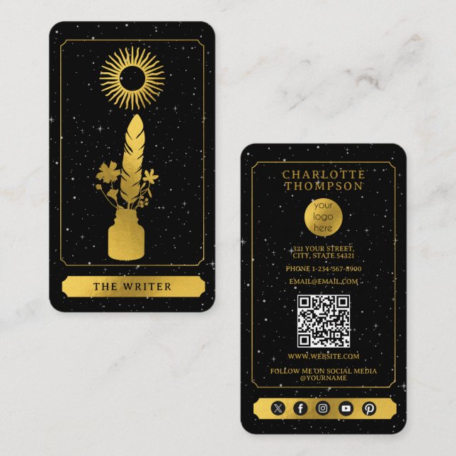 Tarjeta De Visita Celestial Tarot Logo Black Gold Writer Author (Anverso / Reverso)