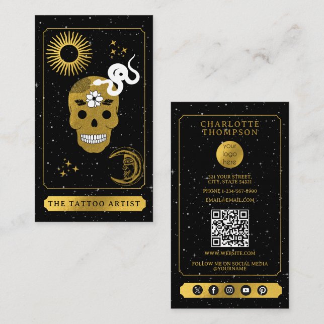 Tarjeta De Visita Celestial Tarot Logo Tattoo Artist Black Gold  (Anverso / Reverso)