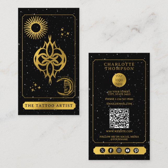 Tarjeta De Visita Celestial Tarot Logo Tattoo Artist Black Gold  (Anverso / Reverso)