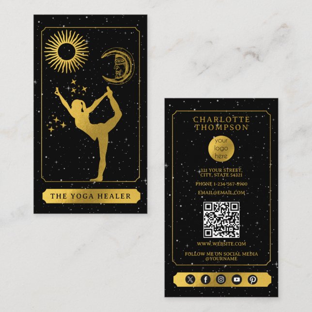 Tarjeta De Visita Celestial Tarot Logo Yoga Healer Black Gold  (Anverso / Reverso)