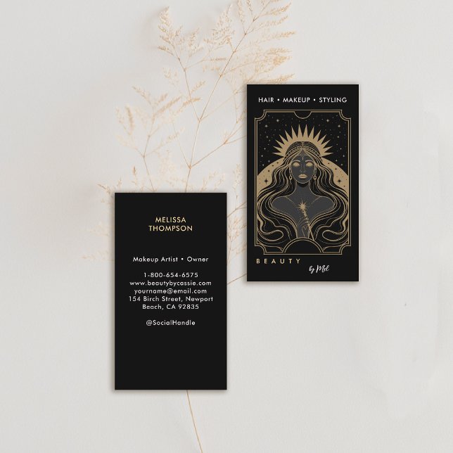 Tarjeta De Visita Celestial Tarot Místico Moderno Elegante Oro Negro (tarot card business card celestial mystical gold black makeup hair lashes psychic reiki healer)