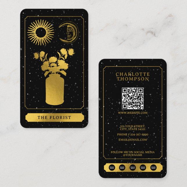 Tarjeta De Visita Celestial Tarot Sun Moon Florist Floral Gold (Anverso / Reverso)
