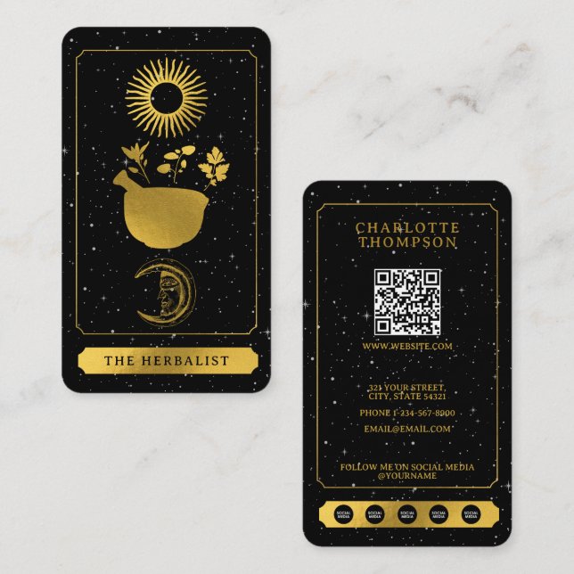 Tarjeta De Visita Celestial Tarot Sun Moon Herbalist Naturopath Gold (Anverso / Reverso)