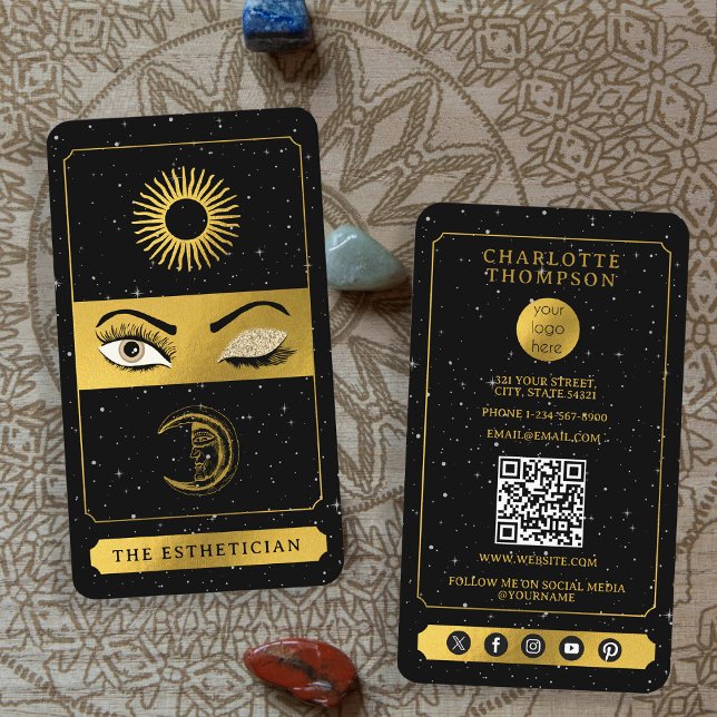 Tarjeta De Visita Celestial Tarot Sun Moon Makeup Artista Oro Negro (Celestial Tarot Sun Moon Makeup Artist Black Gold Business Card)