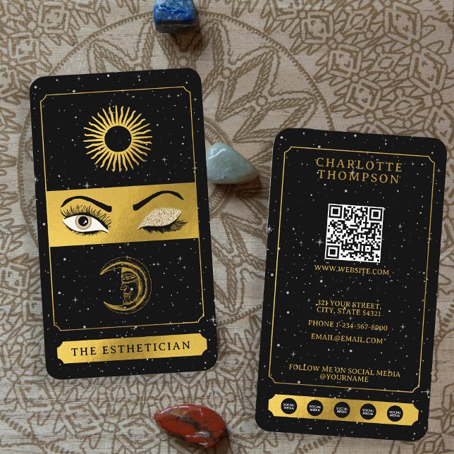Tarjeta De Visita Celestial Tarot Sun Moon Makeup Artista Oro Negro (Celestial Tarot Sun Moon Makeup Artist Black Gold Business Card)