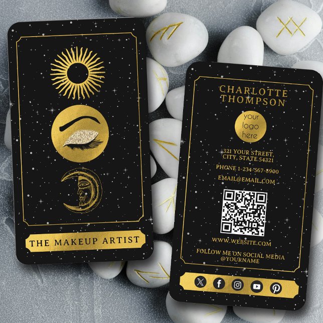 Tarjeta De Visita Celestial Tarot Sun Moon Makeup Artista Oro Negro (Celestial Tarot Sun Moon Makeup Artist Black Gold Business Card)