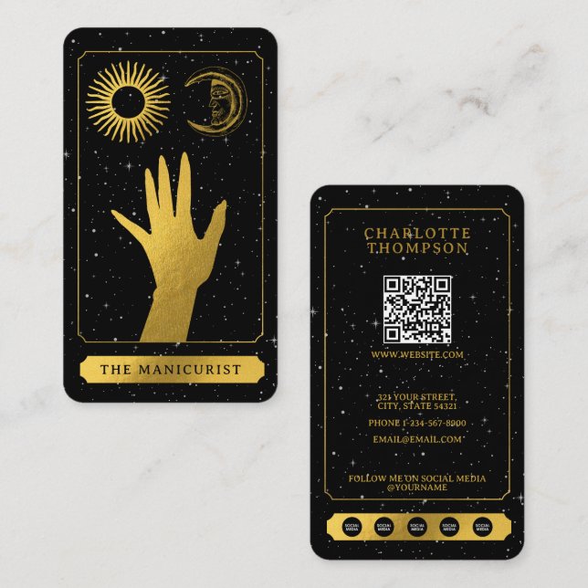 Tarjeta De Visita Celestial Tarot Sun Moon Nail Technician Gold (Anverso / Reverso)