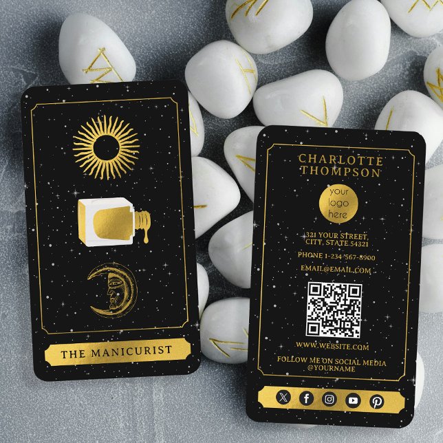 Tarjeta De Visita Celestial Tarot Sun Moon Salon Nail Salon Black Go (Celestial Tarot Sun Moon Nail Salon Black Gold Business Card)
