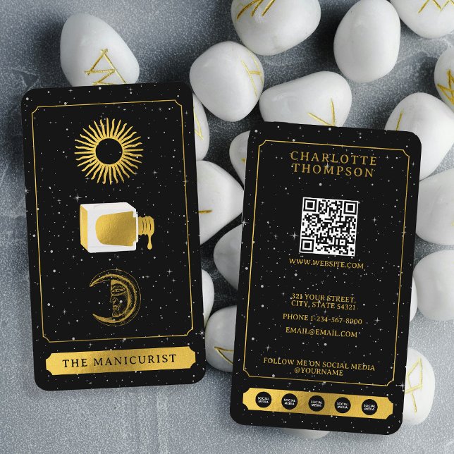 Tarjeta De Visita Celestial Tarot Sun Moon Salon Nail Salon Black Go (Celestial Tarot Sun Moon Nail Salon Black Gold Business Card)