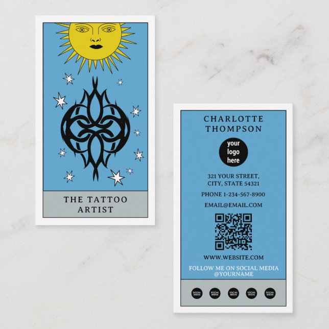 Tarjeta De Visita Celestial Tarot Sun Tattoo Artist Piercer Logo (Anverso / Reverso)