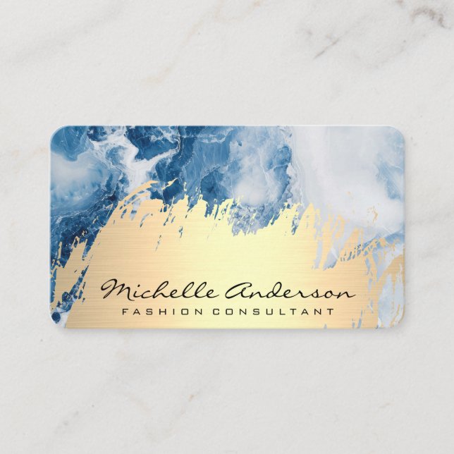 Tarjeta De Visita Cepillado dorado | Fondo de Marble Azul (Anverso)