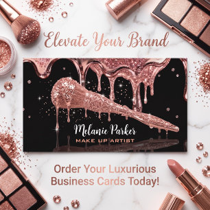 Tarjeta De Visita Cepillo de Maquillaje con Drip Glitter Rosa Dorado