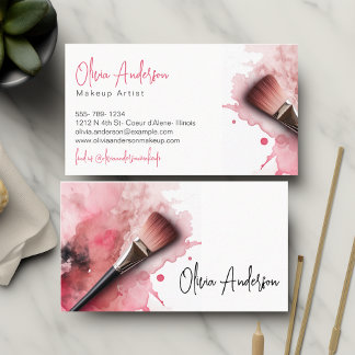 Tarjeta De Visita Cepillo De Maquillaje Elegante Y Acuarela Rosa Abs