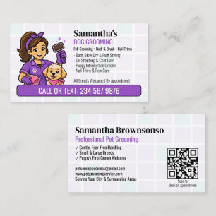 Tarjeta De Visita Cepillo Resbaloso Morado para Cachorros QR Groomin