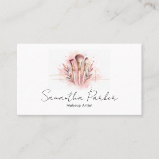 Tarjeta De Visita Cepillos de Maquillaje Acuarela Rosa Sonrosado