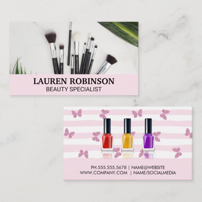 Tarjeta De Visita Cepillos de maquillaje y polaco de uñas (Anverso / Reverso)