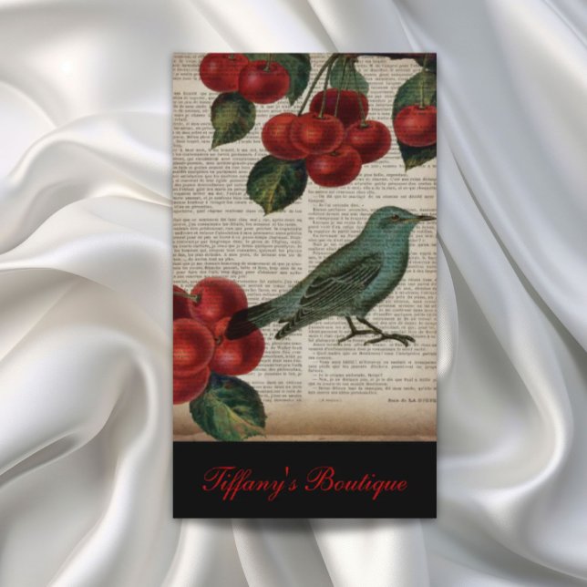 Tarjeta De Visita cereza roja botánica retro (french country bird retro botanical red cherry business card)