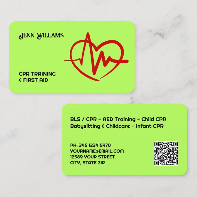 Tarjeta De Visita Certified CPR Instructor Custom QR (Anverso / Reverso)