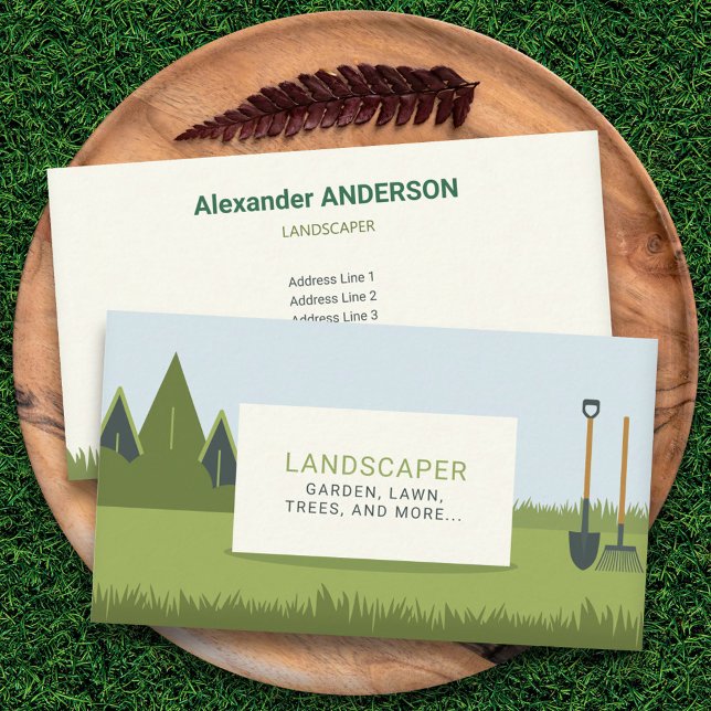 Tarjeta De Visita Césped verde, pala y tarta - paisajista (Green Lawn, Shovel and Rake - Landscaper Business Card)