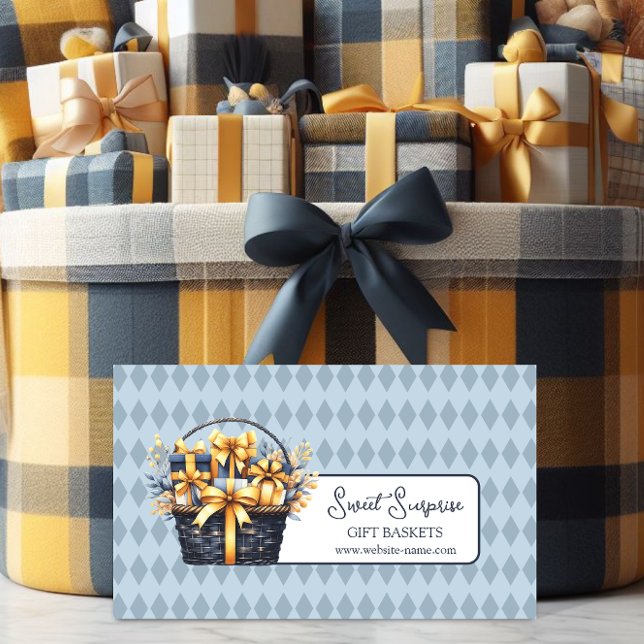 Tarjeta De Visita Cesta de regalo azul y amarillo (Promote your gift basket business with this elegant blue and yellow business card.)