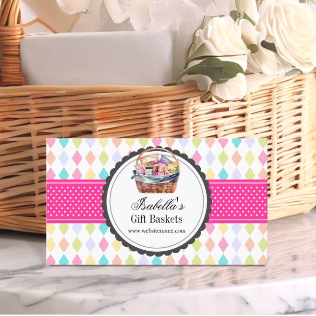 Tarjeta De Visita Cesta festiva colorida de regalos (Promote you gift basket business with this festive and colorful business card ready to be customized)