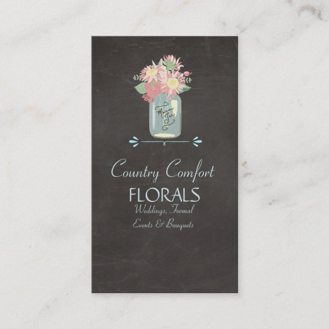 Tarjeta De Visita Chalkboard Daisies Rosas Rustic Mason Jar Floral (Anverso)