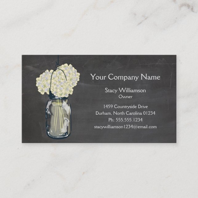 Tarjeta De Visita Chalkboard Mason Jar & Hydrangeas (Anverso)