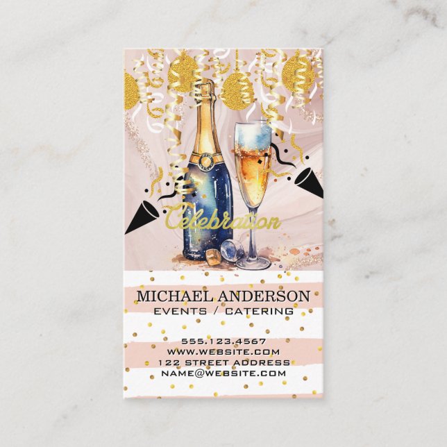 Tarjeta De Visita Champagne acuarela / Confetti y globos (Anverso)