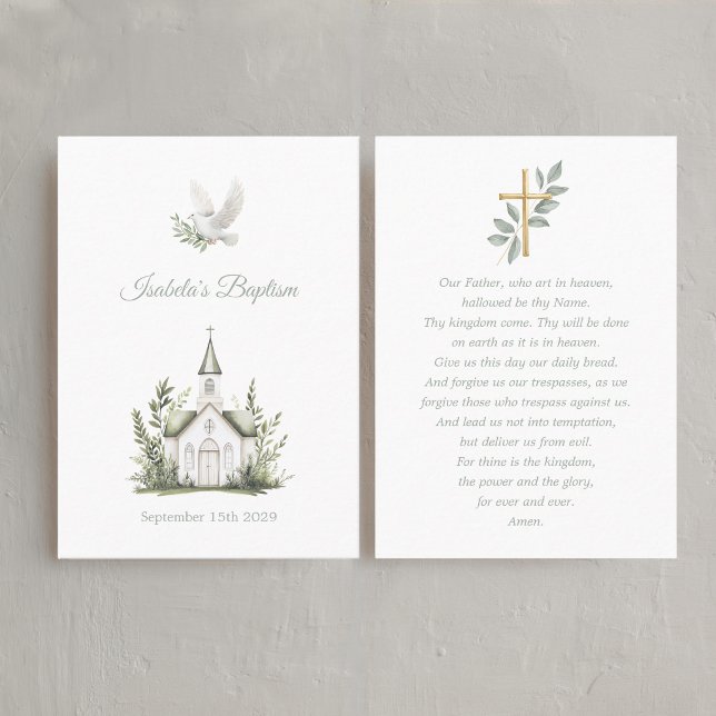 Tarjeta De Visita Chapel Paptism White Dove, Green Prayer Card (Baptism Lord's prayer Card - white chapel)
