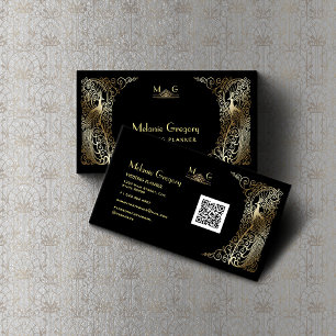 Tarjeta De Visita Charm QR Code Gold Art Deco Peacocks Profesional