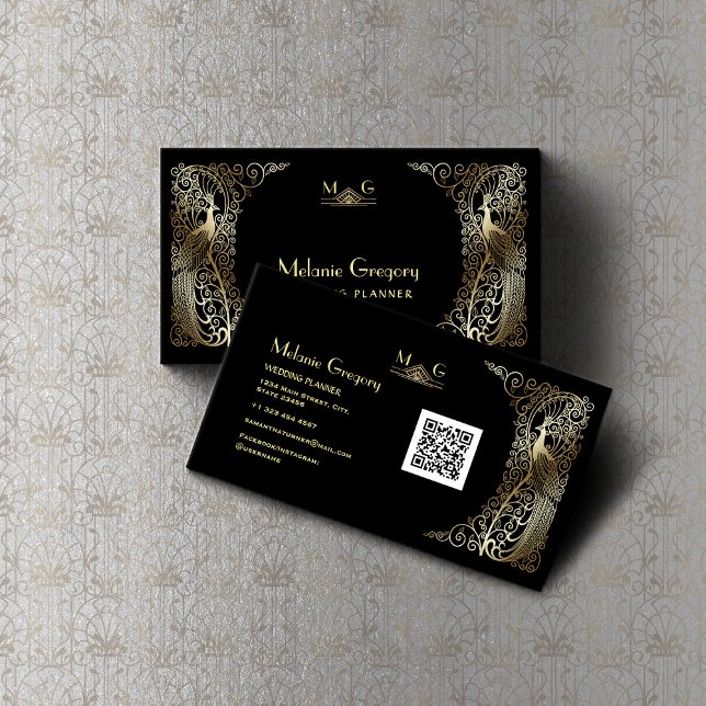 Tarjeta De Visita Charm QR Code Gold Art Deco Peacocks Profesional (Subido por el creador)