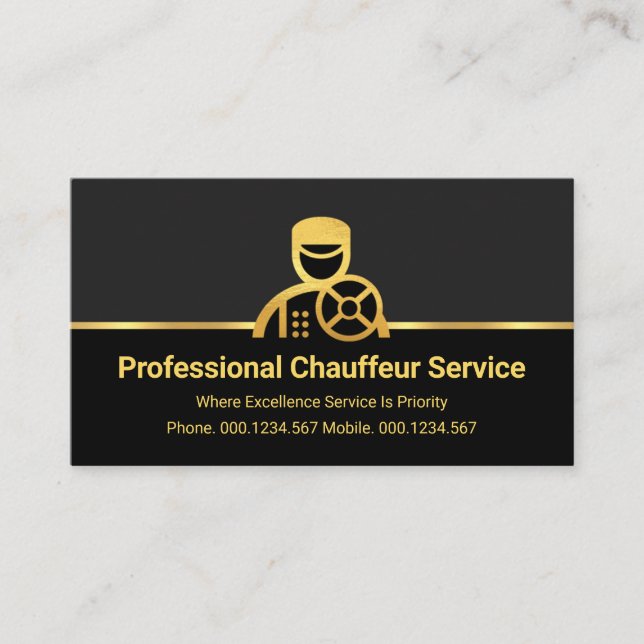 Tarjeta De Visita Chauffeur De Oro Sobre Capas Negras Gris (Anverso)