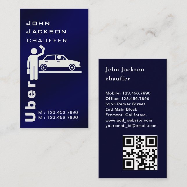Tarjeta De Visita Chauffeur elegante de código QR azul real moderno (Anverso / Reverso)