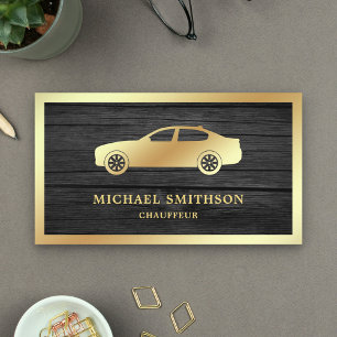 Tarjeta De Visita Chauffeur Profesional Rústico Gray Wood Gold Car