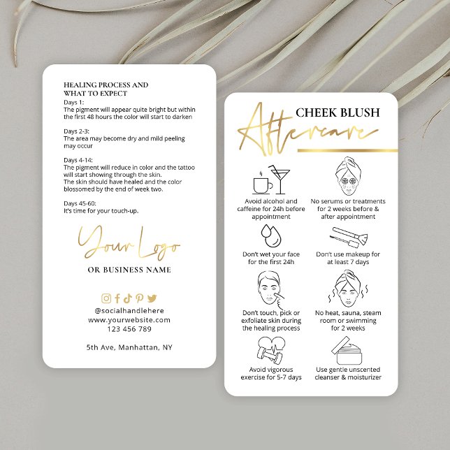 Tarjeta De Visita Cheek Rubor Care Instructions Metallic Gold PMU (Trendy & chic Cheek Blush Aftercare instructions cards with faux gold effects & space for your logo)