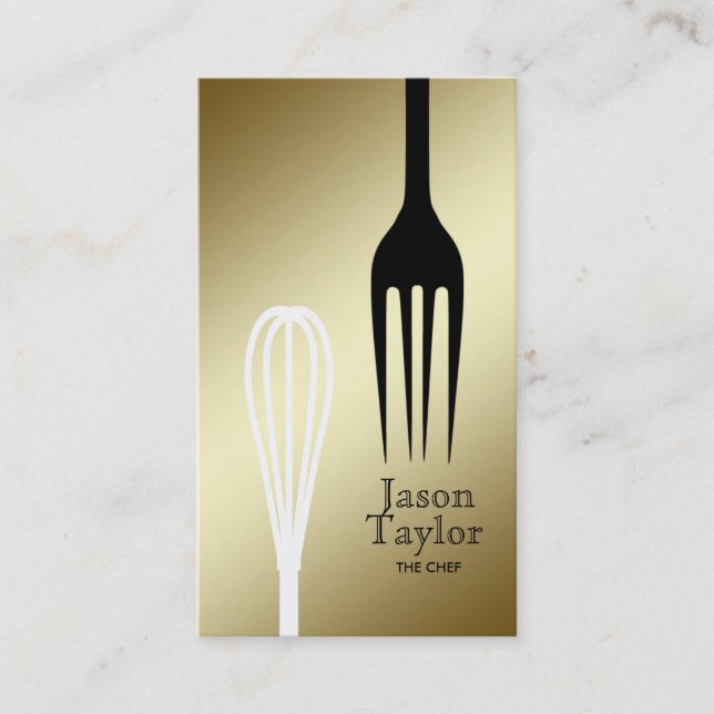 Tarjeta De Visita Chef Catering Restaurant Bake Fork Whisk Gold (Anverso)