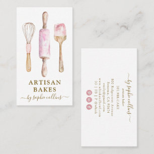 Tarjeta De Visita Chef de Pastelería Acuarela Rosa Dorado
