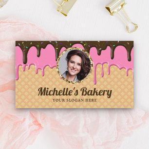Tarjeta De Visita Chef de Pastelería Foto Drip de Glaseado Rosa Waff